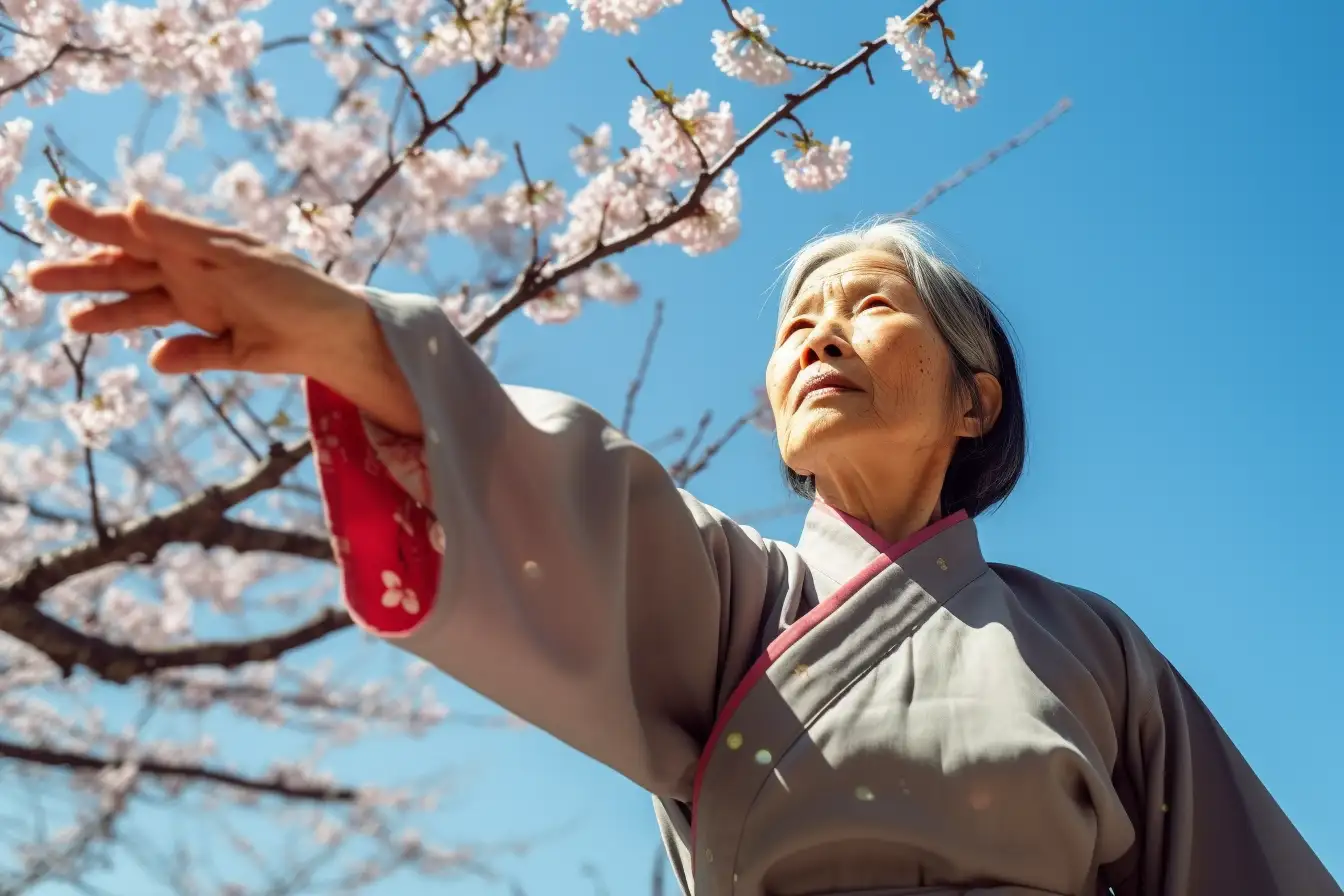 Older Japanese woman doing activity to stress reduction like tai chi
